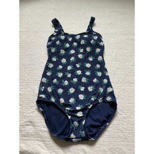 Draper James x Lands End One Piece Swimsuit 4L 4 LONG Deep Sea & White Magnolia